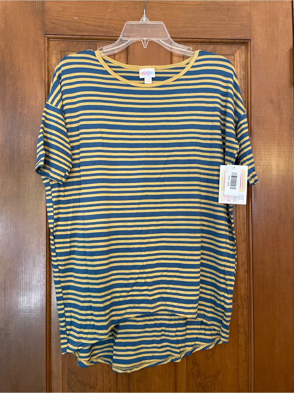 LuLaRoe Women’s Irma Yellow and Blue Striped Crewneck Tunic Tee NWT Size XXS
